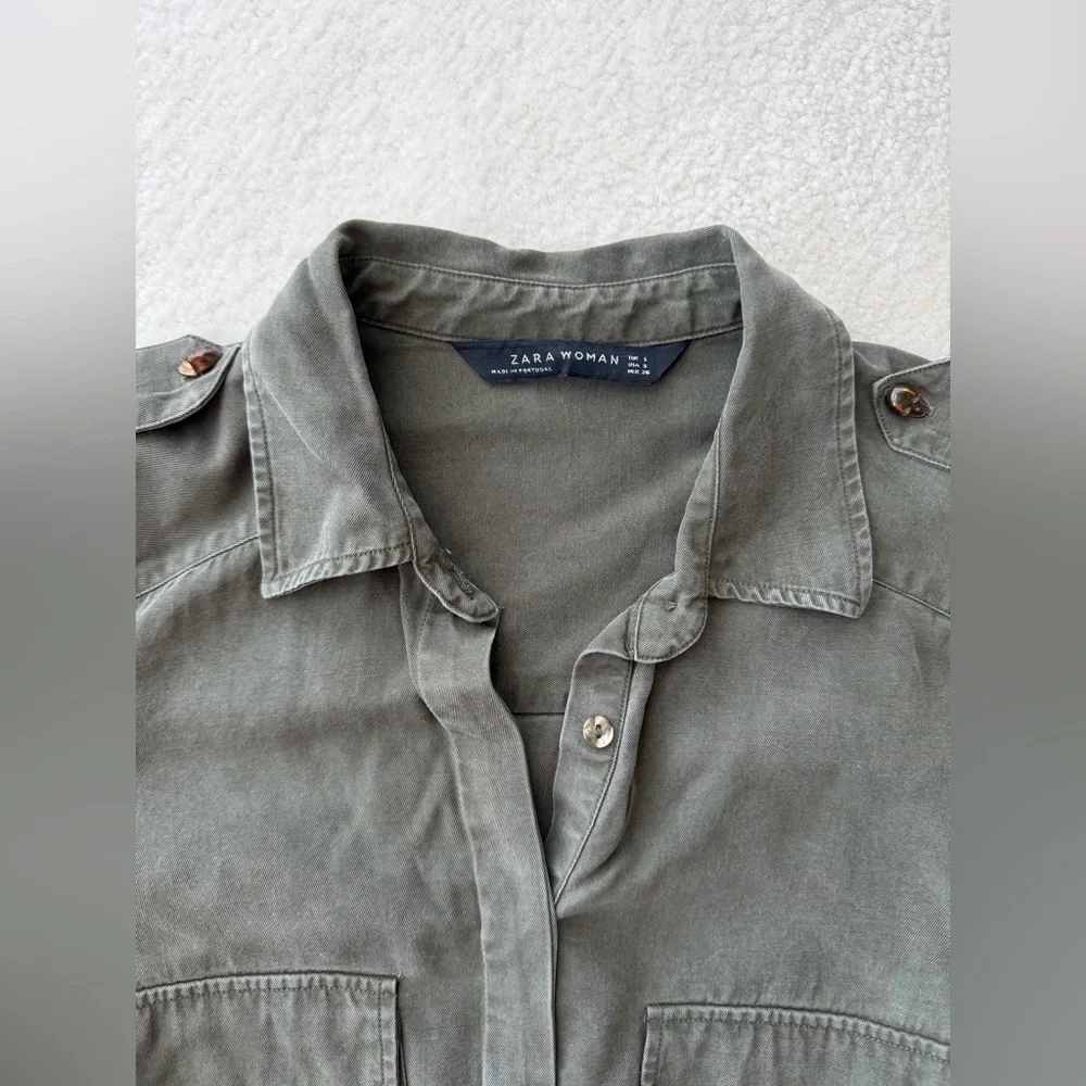 Zara Olive Green Cargo Button-Up Shirt with Skull Buttons - Picture 3 of 5